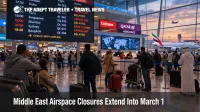 Middle East airspace closures shown on Dubai International departures boards with travelers waiting amid widespread cancellations
