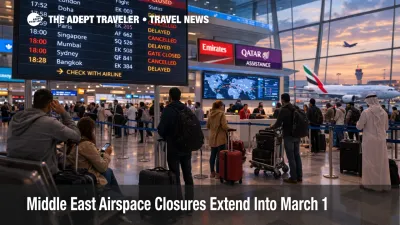 Middle East airspace closures shown on Dubai International departures boards with travelers waiting amid widespread cancellations