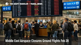 Middle East airspace closures shown on DXB departures boards with canceled flights and travelers waiting for rebooking help