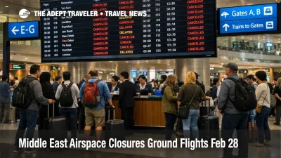 Middle East airspace closures shown on DXB departures boards with canceled flights and travelers waiting for rebooking help