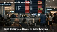 Middle East airspace closures on Dubai departure boards, as travelers wait near gates during rolling cancellations