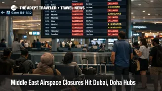 Middle East airspace closures on Dubai departure boards, as travelers wait near gates during rolling cancellations