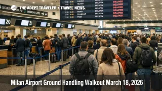 Passengers queue at check in at Milan Malpensa during a Milan airport ground handling walkout on March 18, 2026