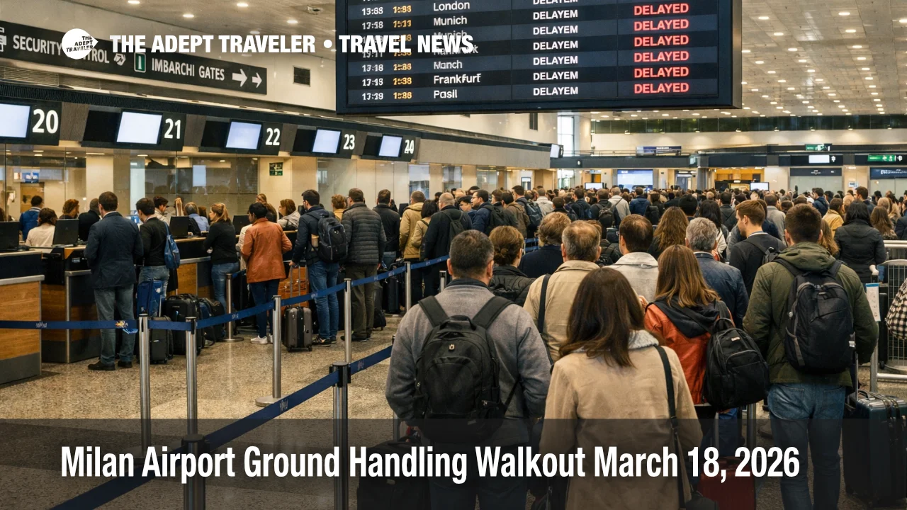 Passengers queue at check in at Milan Malpensa during a Milan airport ground handling walkout on March 18, 2026