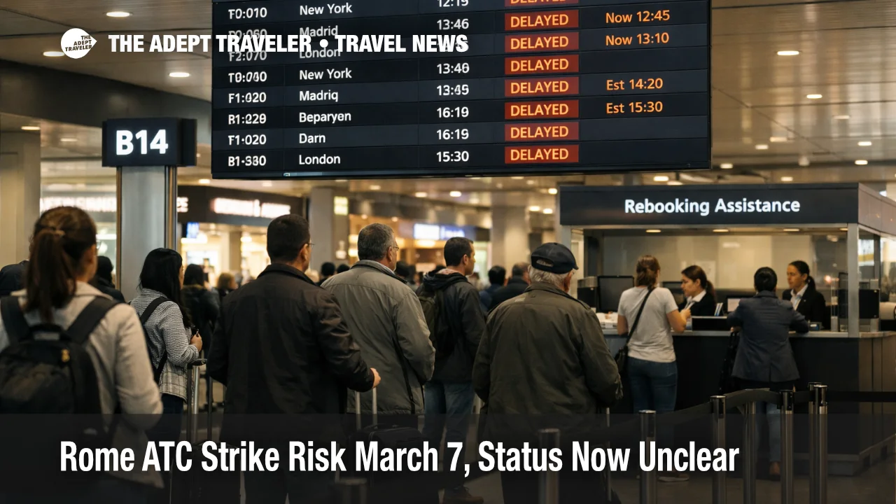 Rome ATC strike risk at Fiumicino, travelers monitor delayed departures and connection boards during peak bank hours