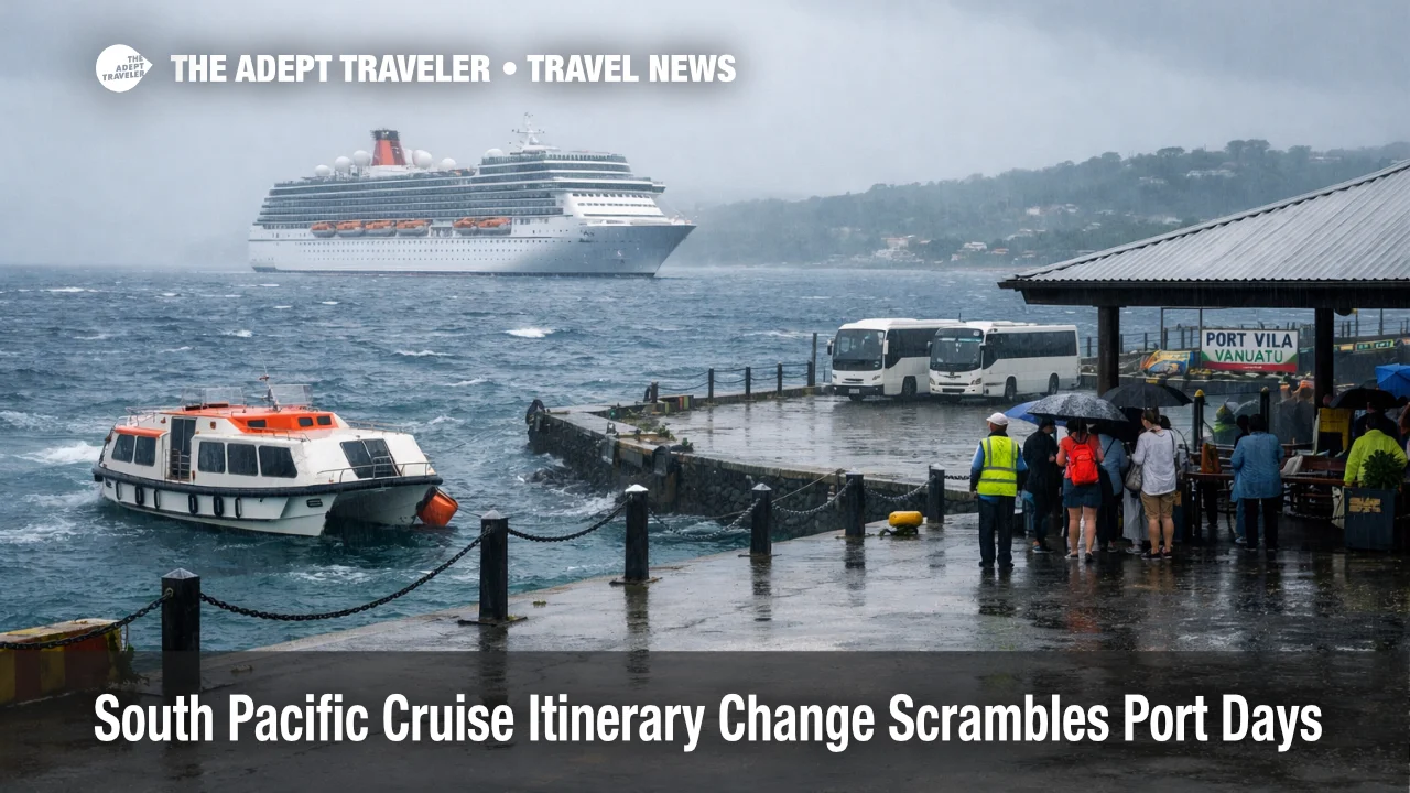 South Pacific cruise itinerary changes, a ship holds offshore near Port Vila as rough seas disrupt port calls