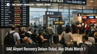 UAE airport recovery delays shown by Dubai International departure boards, gate holds, and waiting transfer passengers