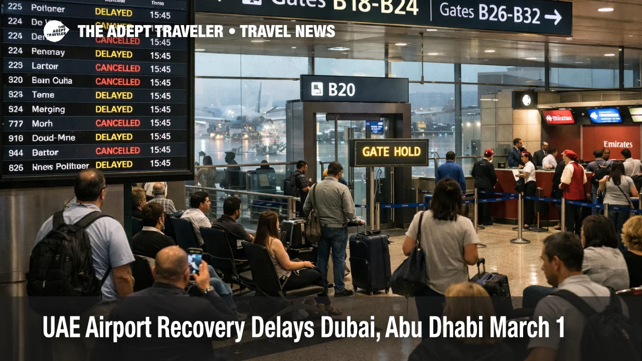 UAE airport recovery delays shown by Dubai International departure boards, gate holds, and waiting transfer passengers