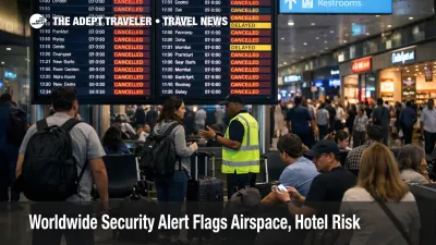 Worldwide security alert scene at Dubai International showing cancellations and travelers regrouping during airspace closures