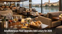 AmaWaterways fleet upgrades shown in a river ship lounge, highlighting 2026 dining and amenity refresh details