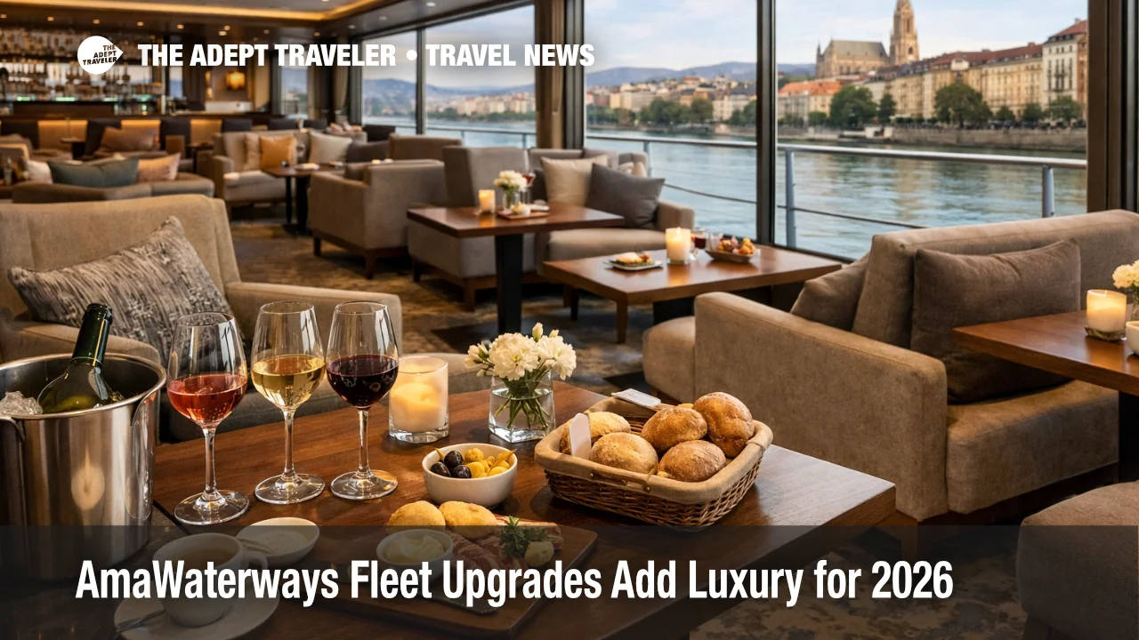 AmaWaterways fleet upgrades shown in a river ship lounge, highlighting 2026 dining and amenity refresh details