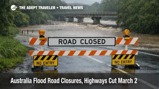 Australia flood road closures on the Bruce Highway near Seymour River show a barricade and water over the approach