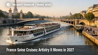 Avalon Seine cruises 2027, a river ship passes a Paris bridge on the Seine as capacity expands for sailings