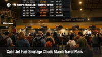 Cuba travel outlook image of Havana airport departures showing delays, and cancellations during the jet fuel shortage window