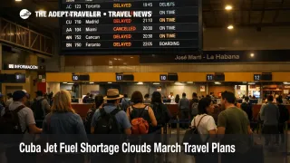 Cuba travel outlook image of Havana airport departures showing delays, and cancellations during the jet fuel shortage window