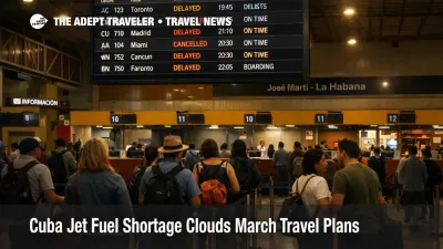 Cuba travel outlook image of Havana airport departures showing delays, and cancellations during the jet fuel shortage window