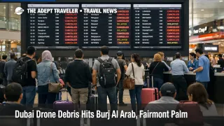 Dubai drone debris hotel damage shown at Burj Al Arab exterior, with a controlled response scene near the shoreline