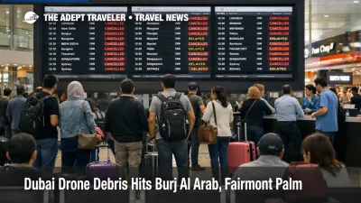 Dubai drone debris hotel damage shown at Burj Al Arab exterior, with a controlled response scene near the shoreline