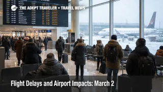 U.S. flight delays March 2 shown by a snowy Reagan National concourse and a departures board filled with delays