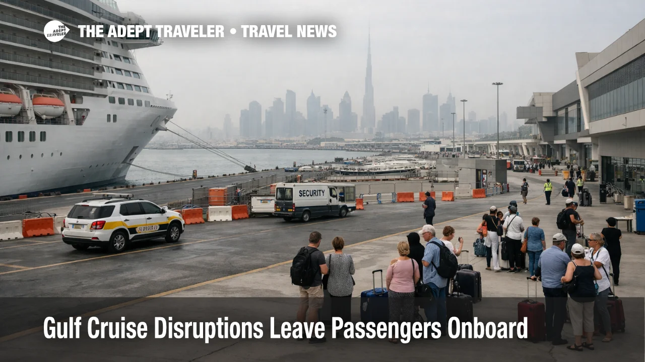 Gulf cruise disruption scene at Dubai port, ship held alongside as passengers wait under security restrictions