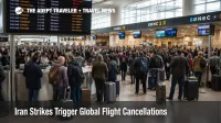 Global flight cancellations show on Heathrow boards as travelers queue for rebooking during long haul disruption