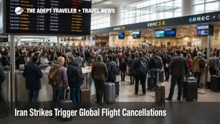 Global flight cancellations show on Heathrow boards as travelers queue for rebooking during long haul disruption