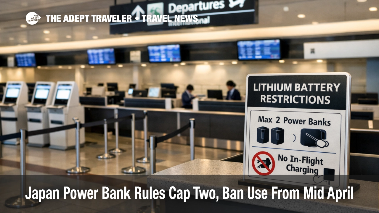 Tokyo Haneda check in area reflecting Japan power bank flight rules ahead of the mid April 2026 in flight use ban