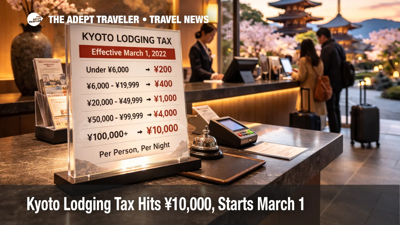 Kyoto lodging tax increase shown at a Kyoto hotel check in desk, signaling higher per night fees for some stays