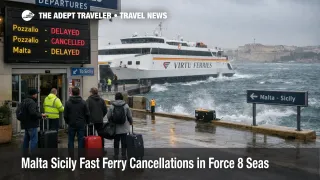 Malta Sicily fast ferry cancellations risk as travelers wait at Valletta terminal in Force 8 seas and rough harbor swell