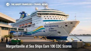 Margaritaville at Sea inspection score context, Paradise docked at Port of Palm Beach with a clean, orderly terminal scene