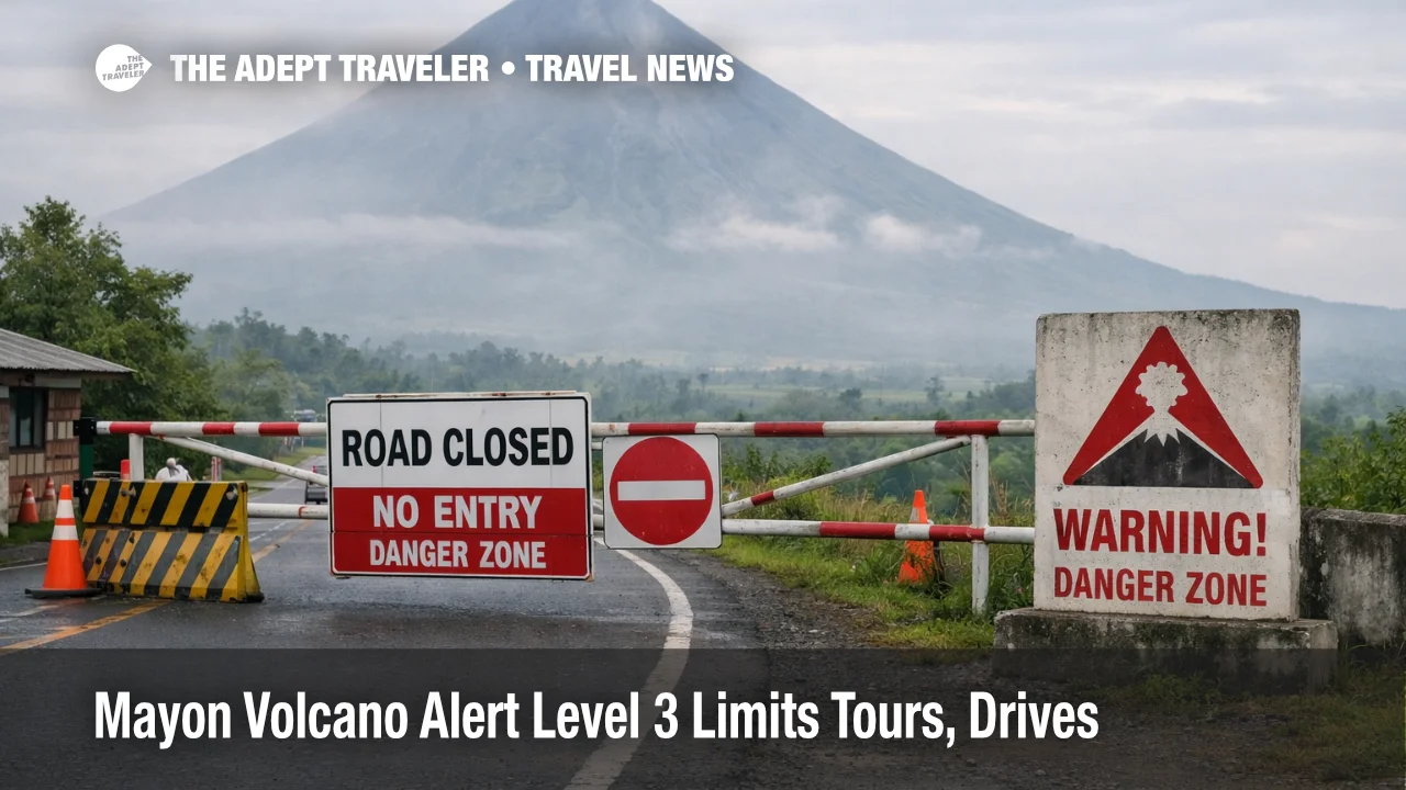Mayon Volcano Alert Level 3 road barrier near Legazpi, showing restricted access and haze that can disrupt tours