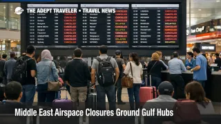 Middle East airspace closures show on Dubai departures boards as travelers wait in the concourse for rebooking