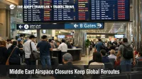 Middle East airspace closures shown on DXB boards as travelers queue, signaling ongoing reroutes and cancellations
