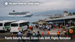 Cruise ship offshore by Puerto Vallarta during Puerto Vallarta cruise changes, port shuttles staging under clouds