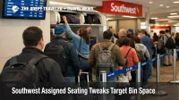 Southwest assigned seating changes shown by boarding at Dallas Love Field with travelers scanning overhead bin space near seats