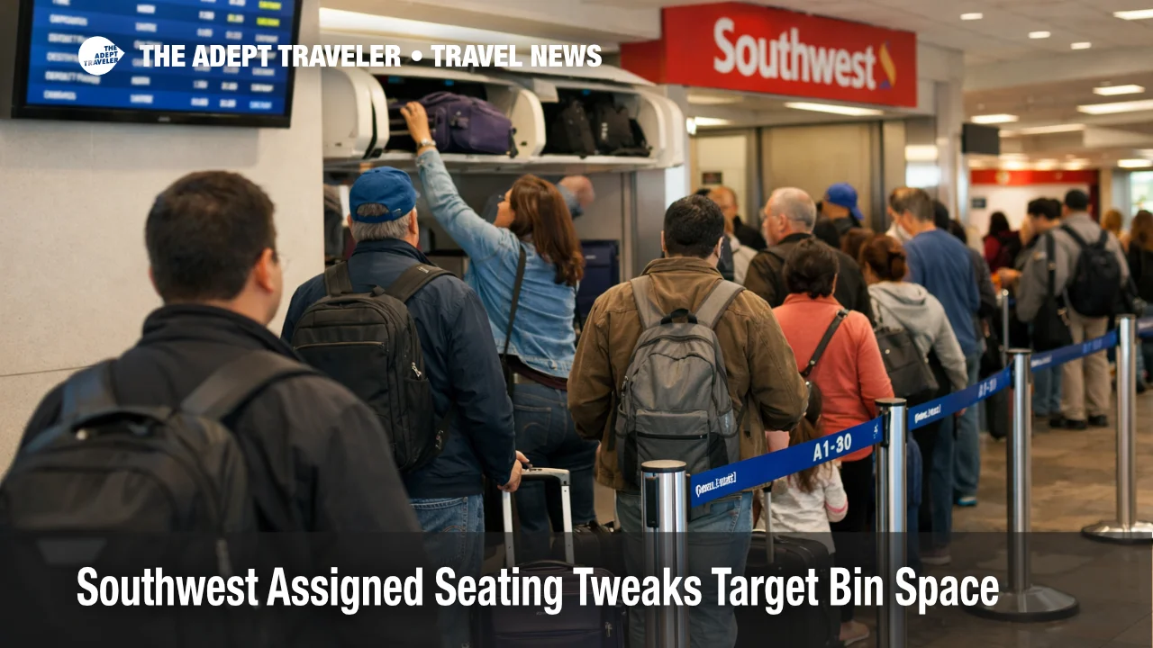 Southwest assigned seating changes shown by boarding at Dallas Love Field with travelers scanning overhead bin space near seats