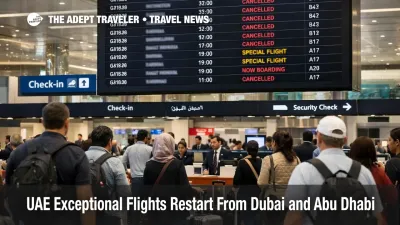 UAE exceptional flights restart shown on a DXB departures board as stranded travelers wait for airline instructions