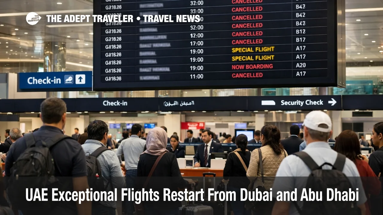UAE exceptional flights restart shown on a DXB departures board as stranded travelers wait for airline instructions