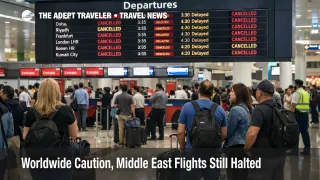 Worldwide Caution airspace closures shown on a Dubai departures board as delayed flights leave travelers waiting