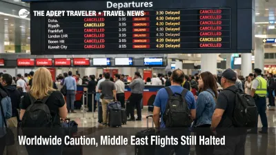 Worldwide Caution airspace closures shown on a Dubai departures board as delayed flights leave travelers waiting