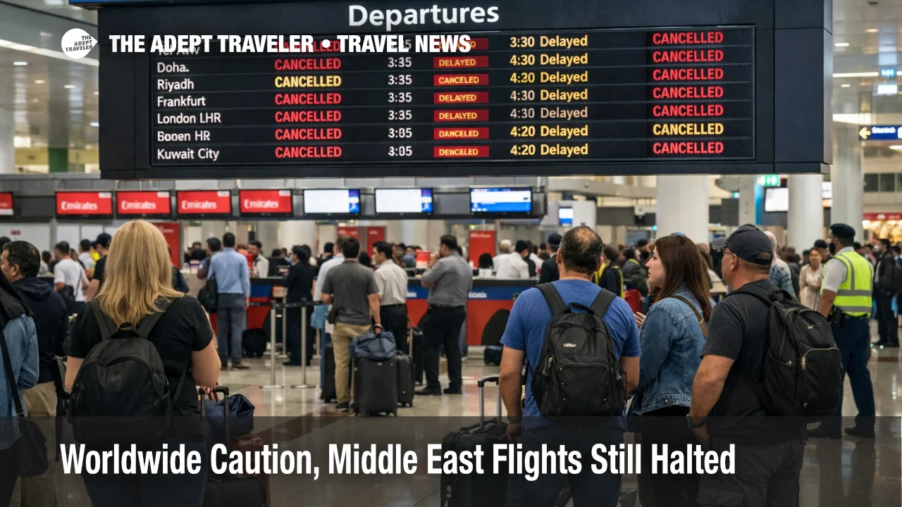 Worldwide Caution airspace closures shown on a Dubai departures board as delayed flights leave travelers waiting