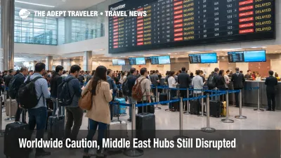 Worldwide Caution security alert scene, travelers wait at Dubai International as Middle East airspace closures disrupt flights