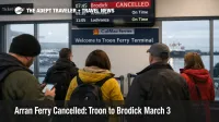 Passengers wait at Troon terminal after Troon to Brodick ferry cancellation disrupts Arran travel
