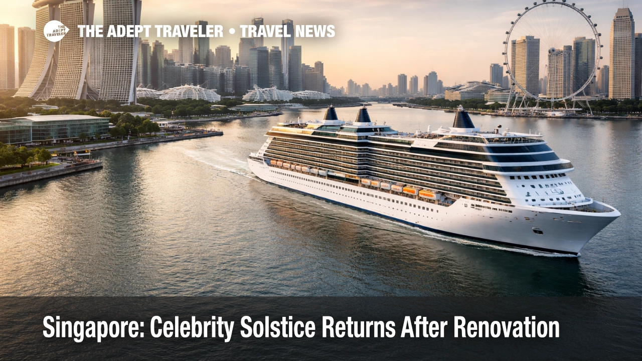 Celebrity Solstice renovation returns to sea off Singapore, showing the ship underway with Marina Bay skyline in view