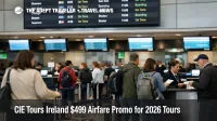 CIE Tours Ireland airfare promo, travelers check in at Dublin Airport as flight boards show U.S. routes