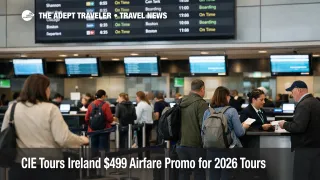 CIE Tours Ireland airfare promo, travelers check in at Dublin Airport as flight boards show U.S. routes