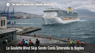 Costa Smeralda diversion to Naples after La Goulette wind cancellation, with a cruise ship nearing the port