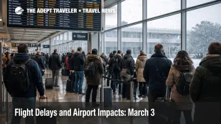 U.S. flight delays March 3 shown by travelers waiting at DCA as the departures board posts weather delays
