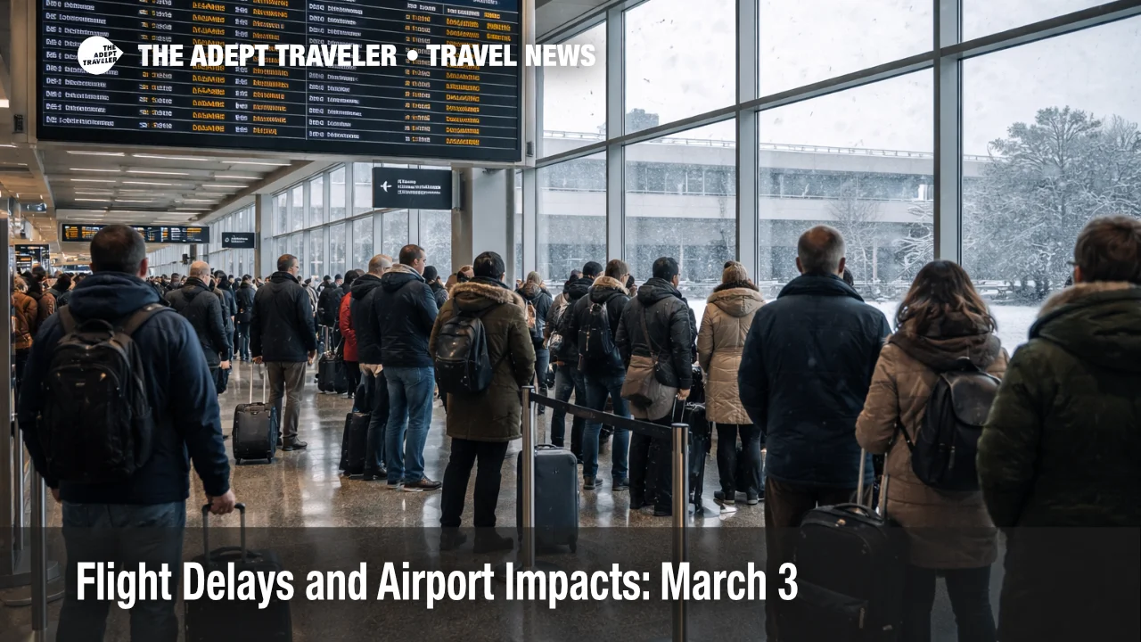 U.S. flight delays March 3 shown by travelers waiting at DCA as the departures board posts weather delays