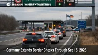 Cars queue at a German land border checkpoint, reflecting Germany internal border checks through September 2026